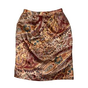 Vintage 100% Silk Paisley Floral Pencil Skirt Gold Red‎ Lined Size 8 High Waist